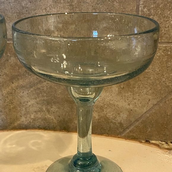 Mexican Hand Blown Bubbled Margarita Cocktail Green Heavy Thick Glasses Set of 2 - Picture 3 of 7